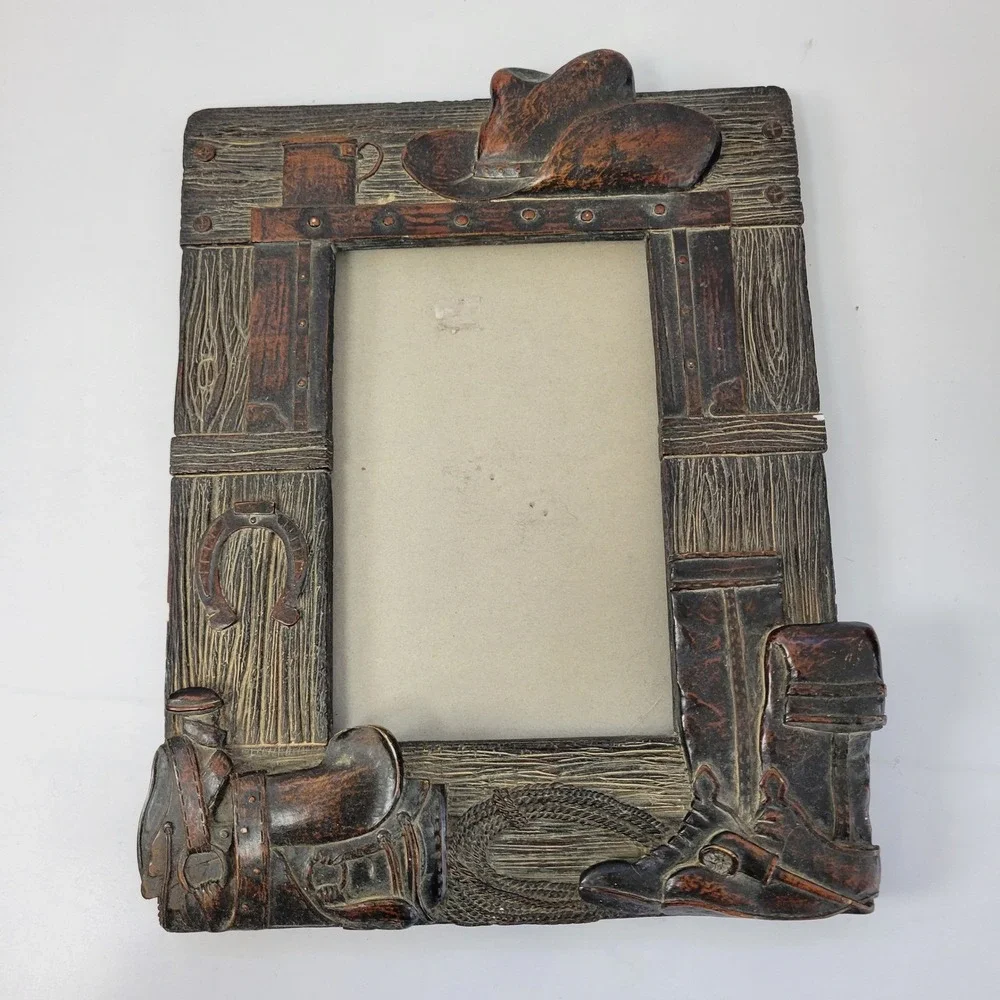 Rustic Cowboy Western Picture Frame Photo Holder Hat Boots Horseshoe Saddle Rope
